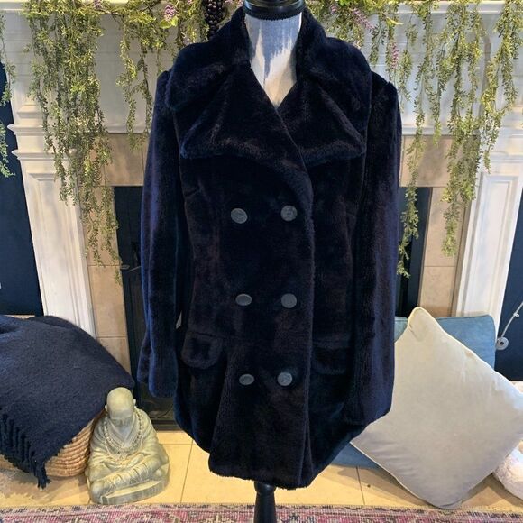 Lady Barry Vintage black faux fur double breasted coat with taffeta lining M - Picture 1 of 13